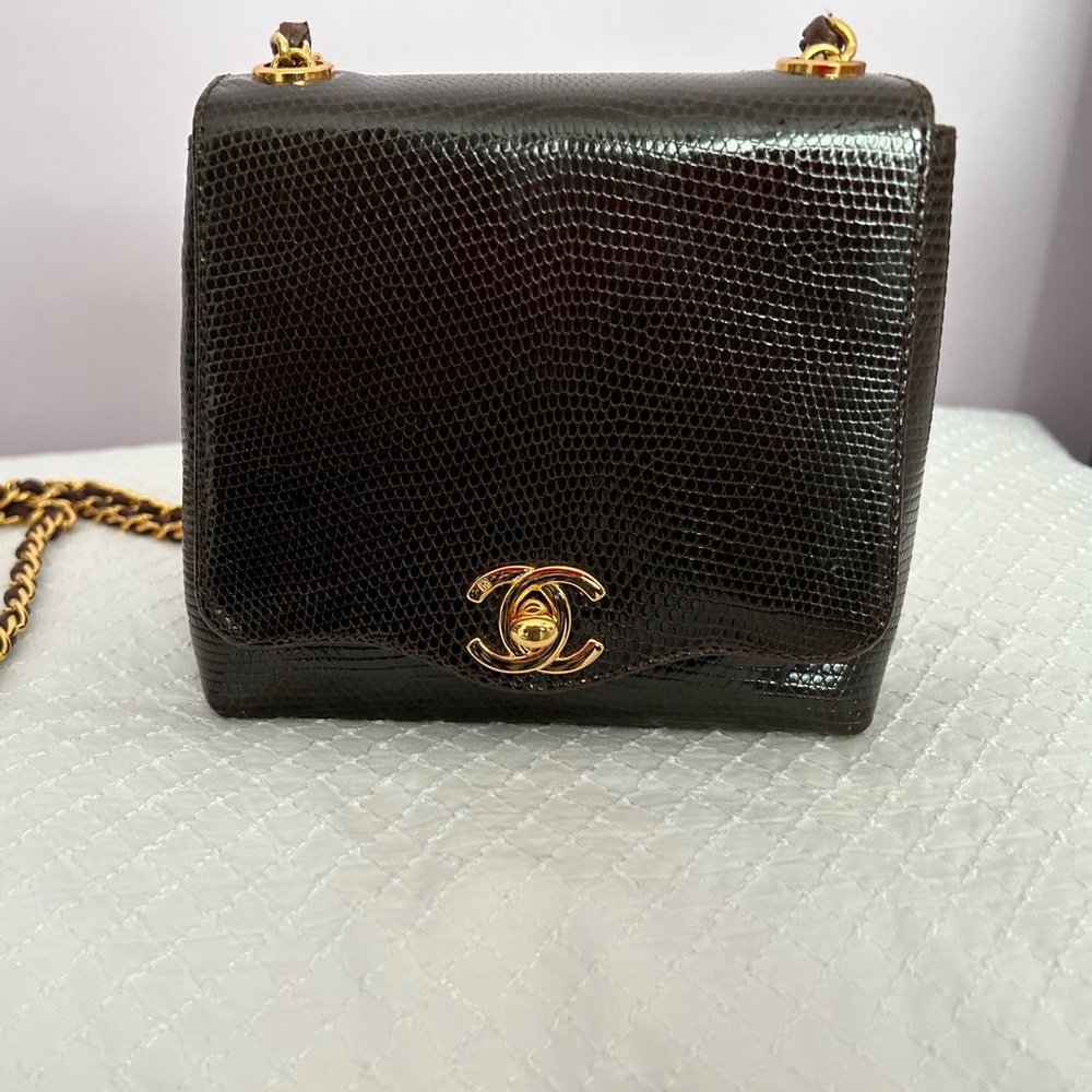 AUTHENTIC CHANEL SMALL BROWN LIZARD BAG